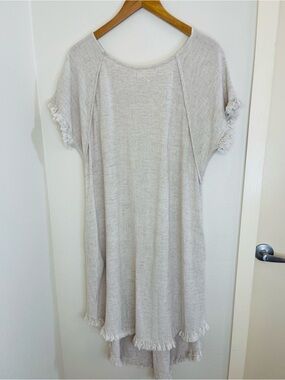 Umgee Linen Blend Short Sleeve Hi-Lo Fringe Dress in Otameal Color Size Large